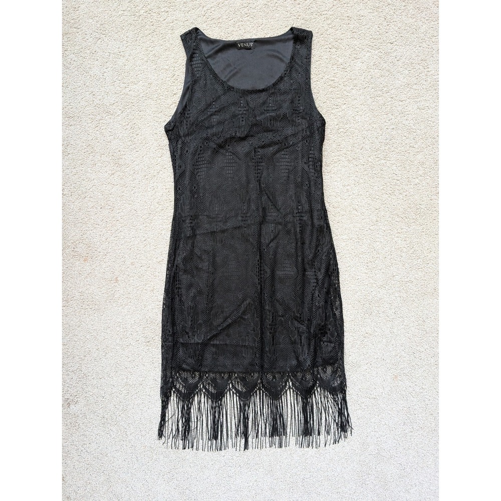 Venus D5272 FR Lace Fringe Dress Women Size M Polyester Black Sleeveless Shift